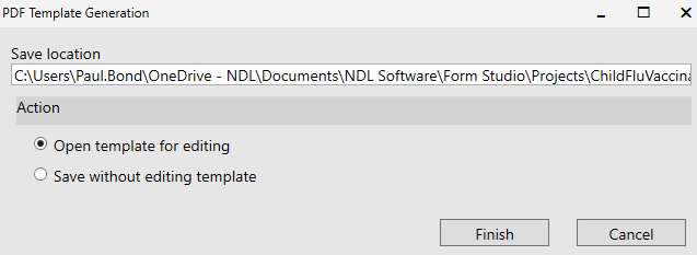 Picture showing the Save Location for PDF Template. 